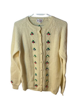 vintage lady clansman 100% wool 3-D floral cream knit size large